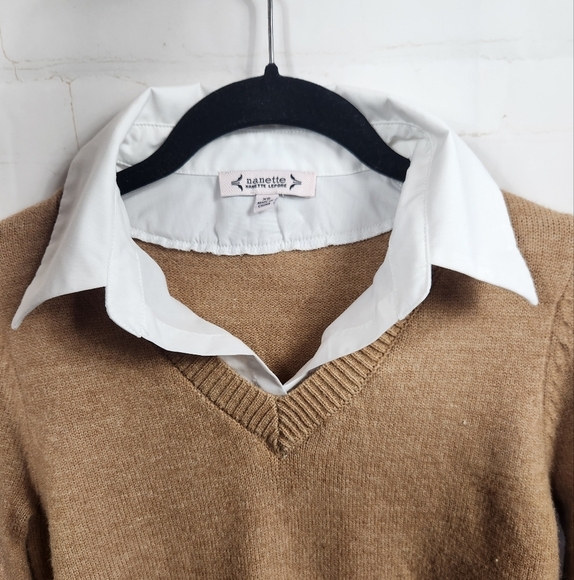 Nanette Lepore Preppy Casual Workwear Twofer Knit Sweater Blouse Camel/Tan XS - Picture 6 of 13